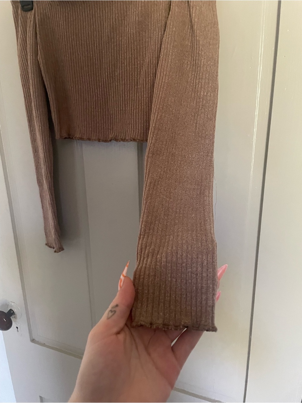 SHEIN Brown Beige Off-Shoulder Ribbed Crop Top Body-con Sexy Summer Longsleeve - Picture 6 of 12